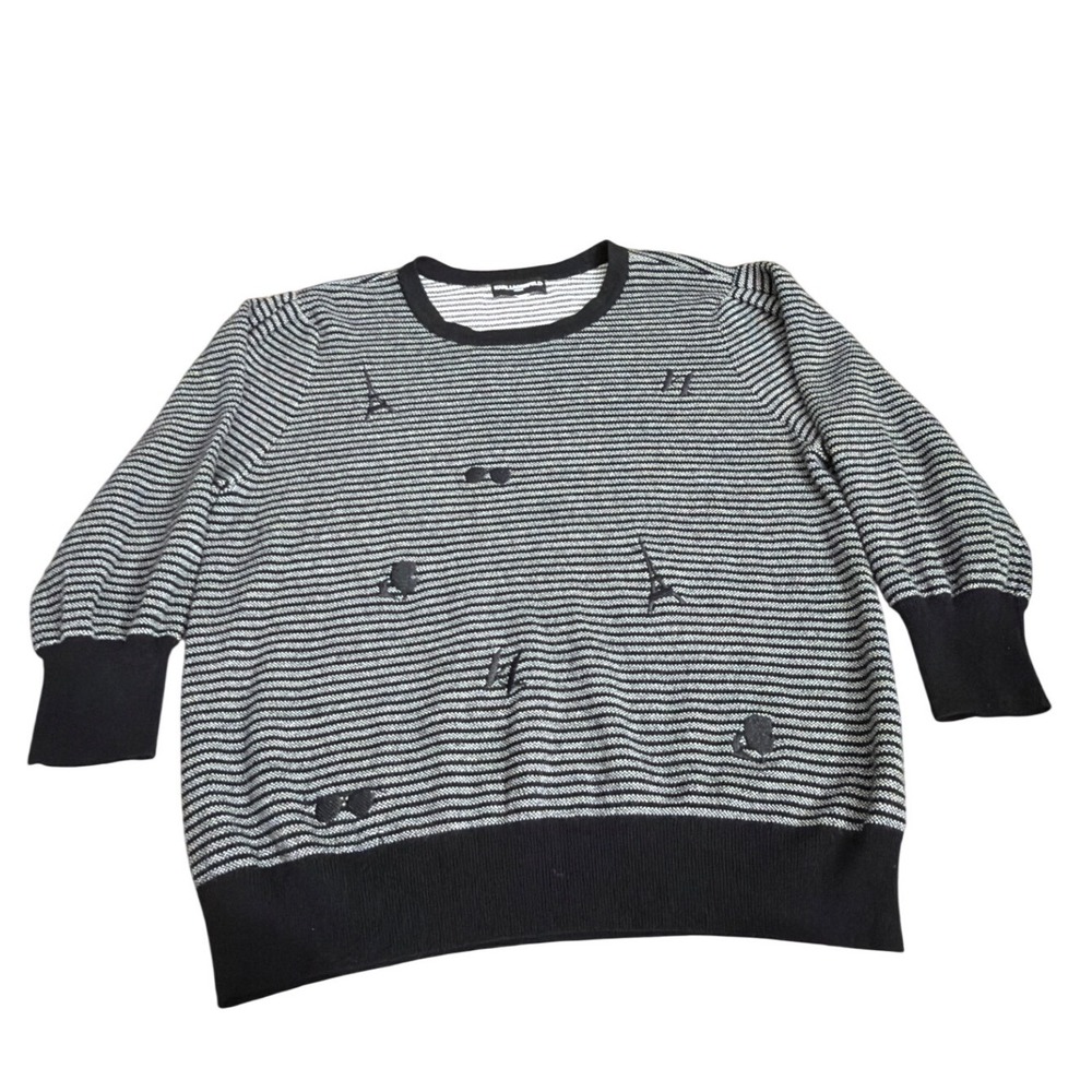 Karl Lagerfeld Paris Striped Paris Embroidery Puff Sleeve Sweater Black jj21